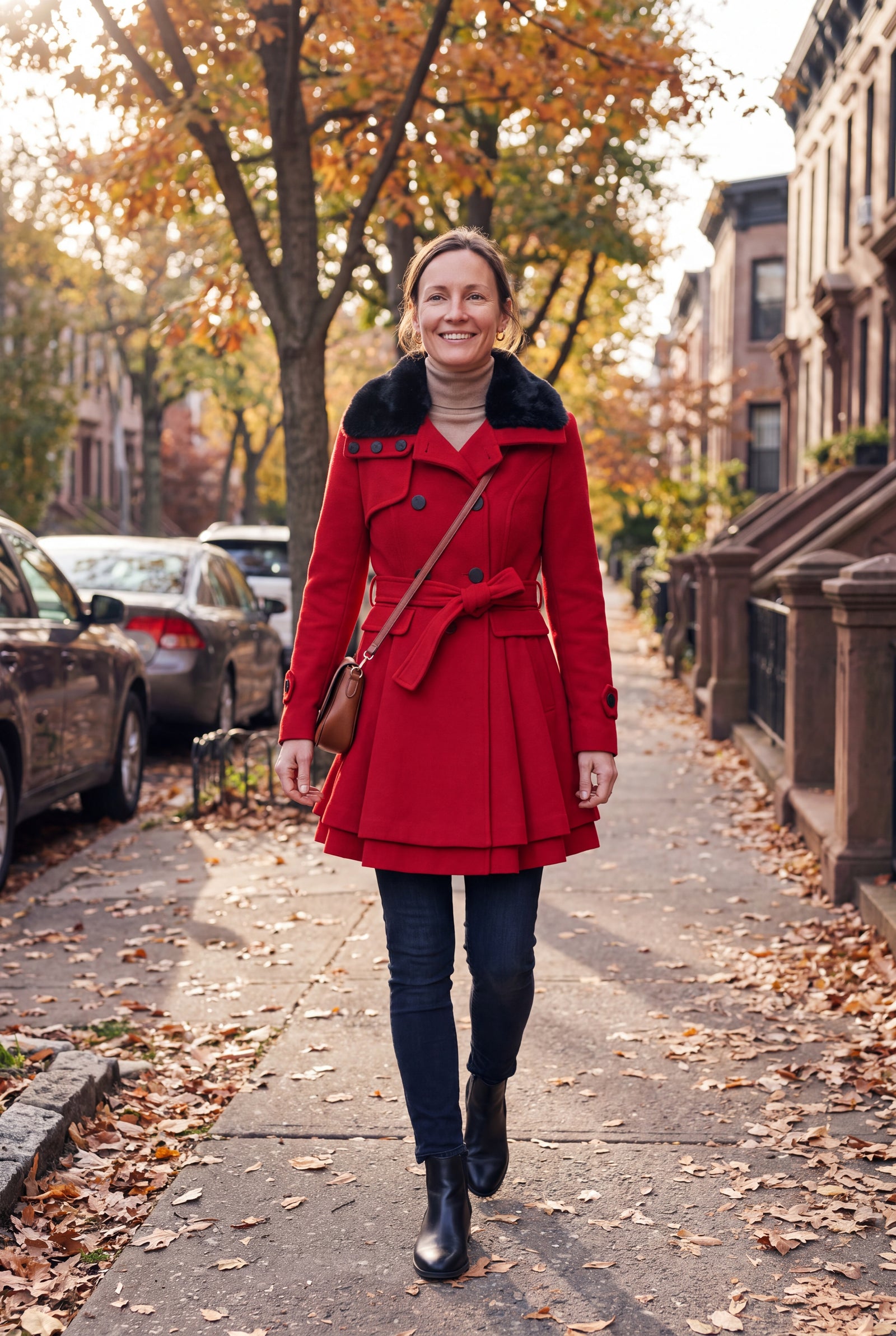 Women's Coat Fur-Lined Elegant in Red — candid outdoor