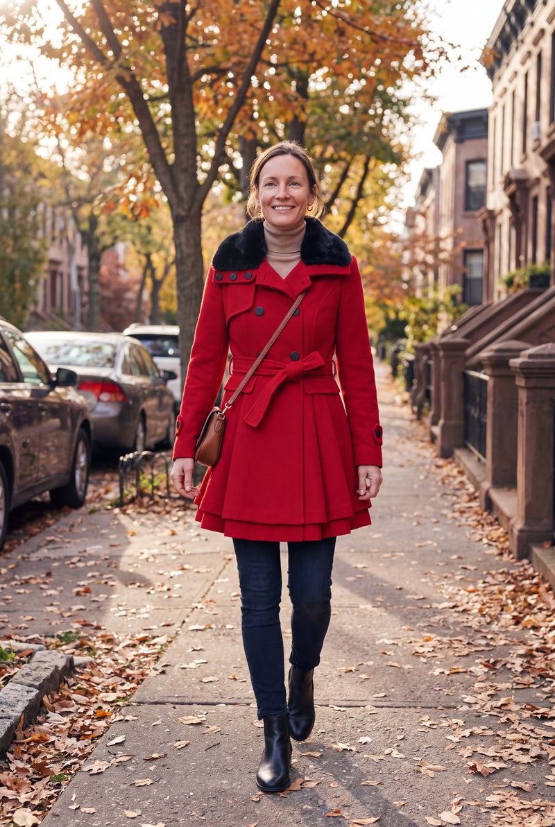 Women's Coat Fur-Lined Elegant in Red — candid outdoor