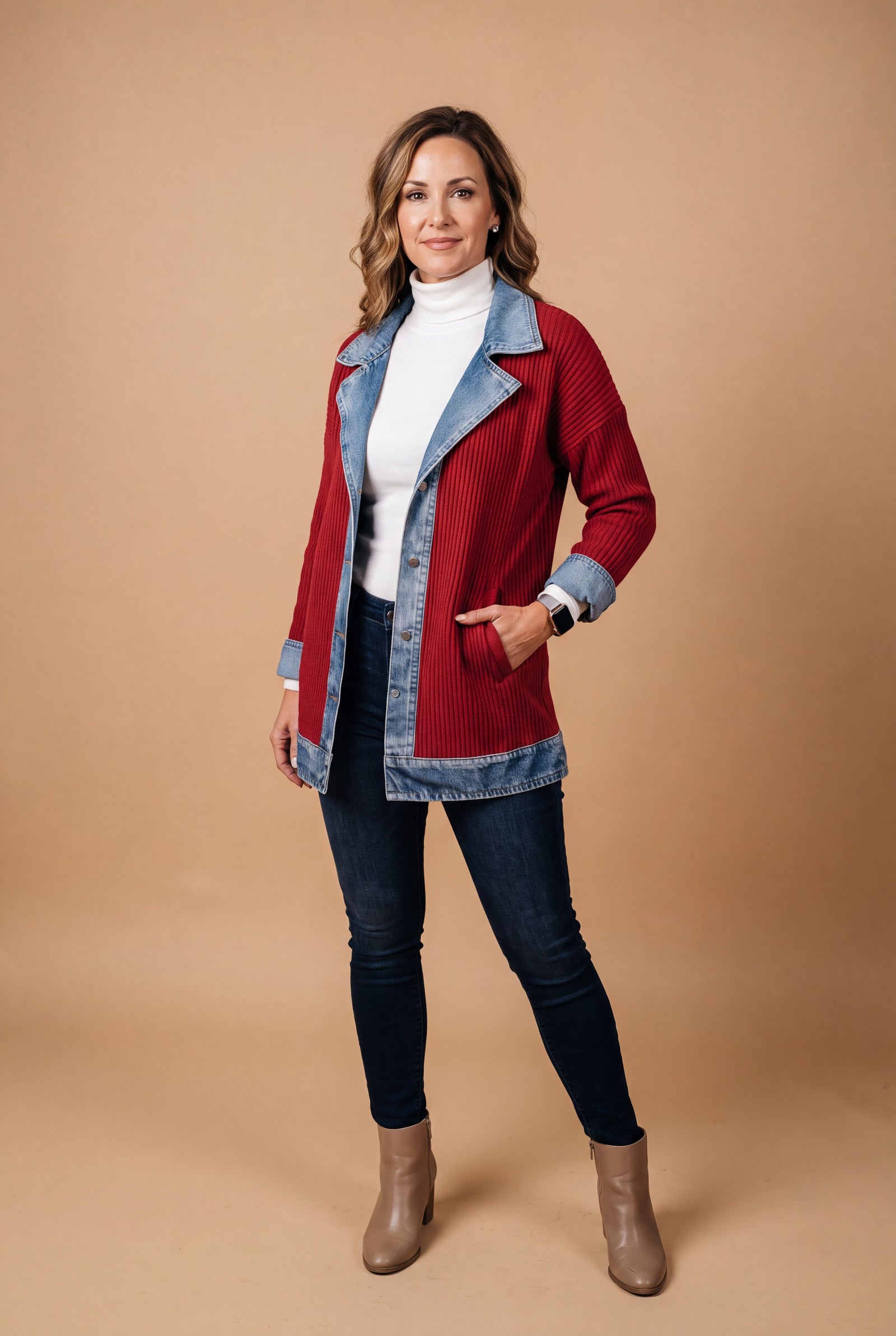 Women's Jacket Layered Collar Button in Red — primary studio