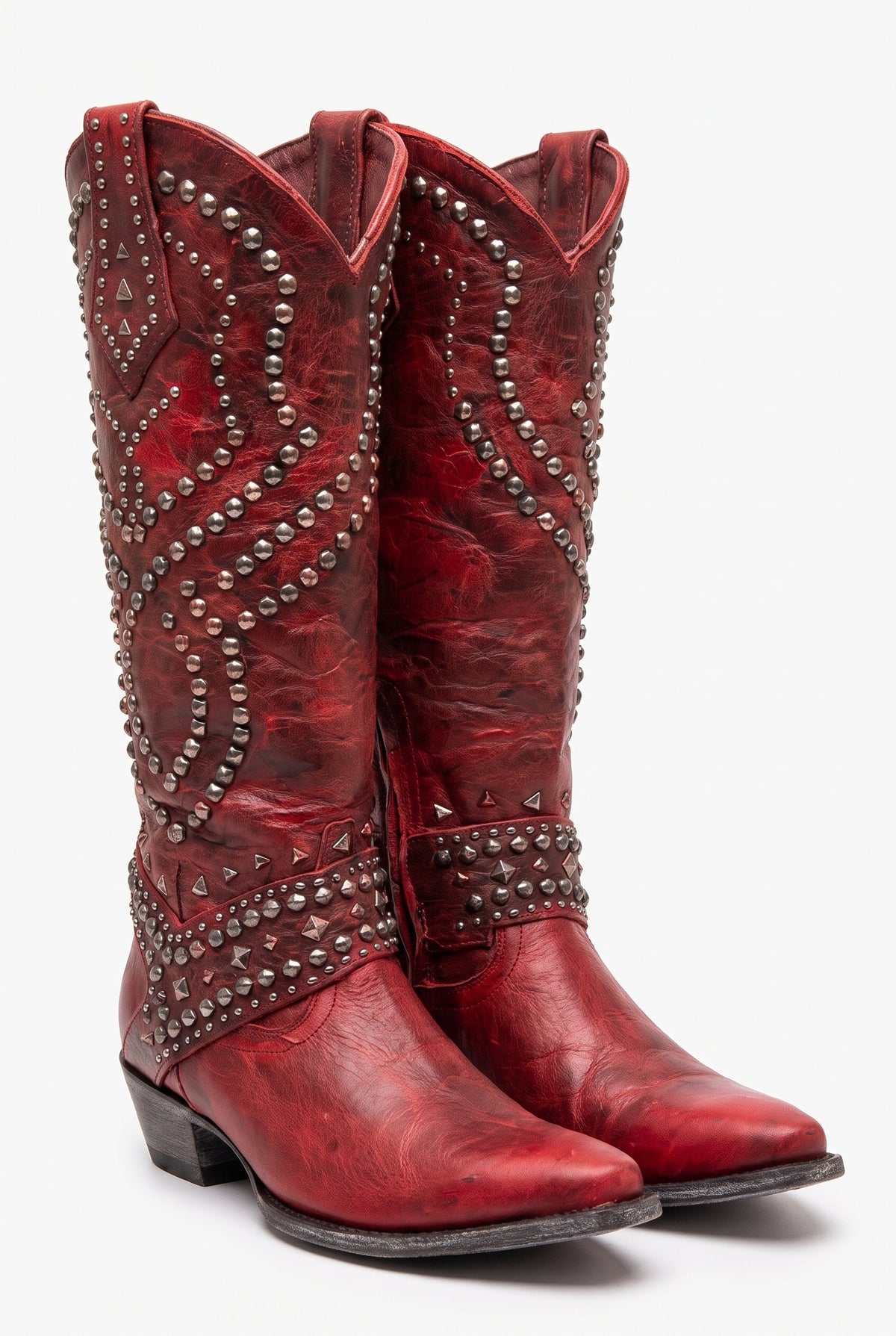Women's Knee-High Cowboy Boots Riveted in Red — product white packshot