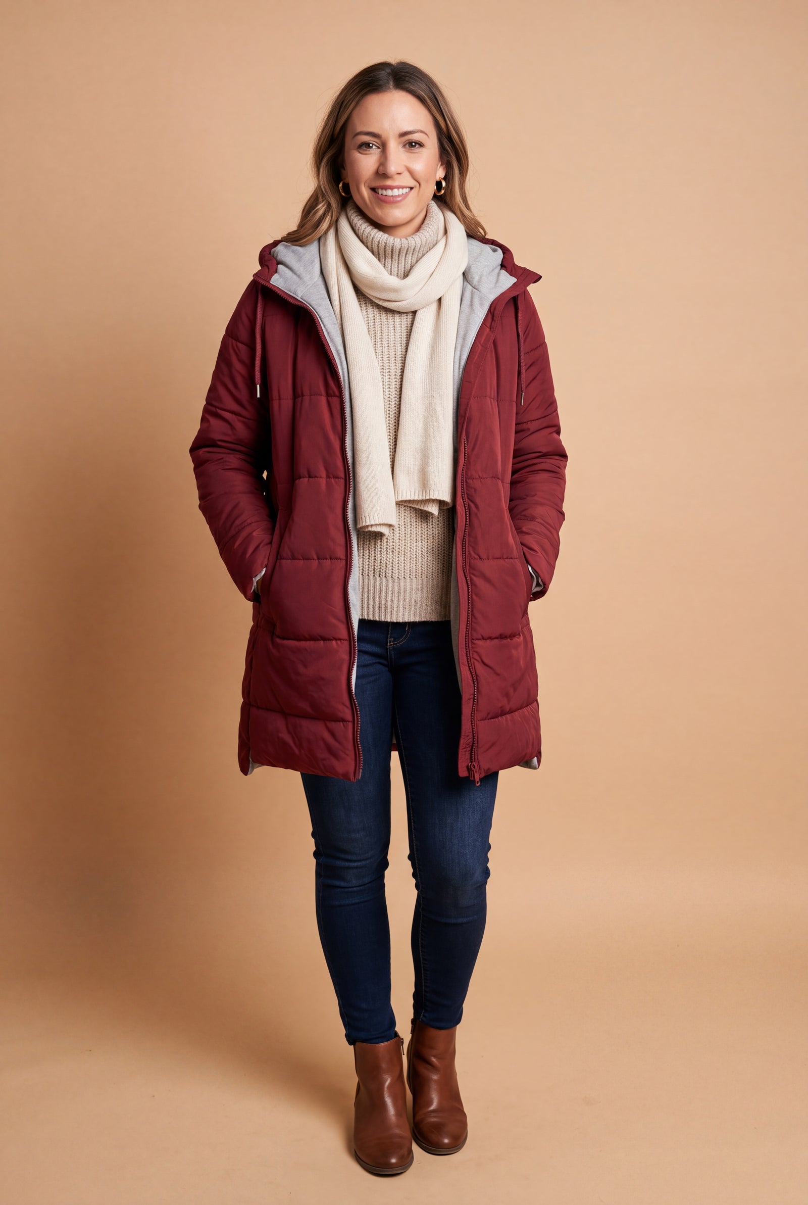 Women's Winter Coat Adjustable Hood in Red — primary studio shot