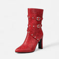 Red Women's Studded Buckle Strap Pointed Toe Ankle Boots - Photo 9