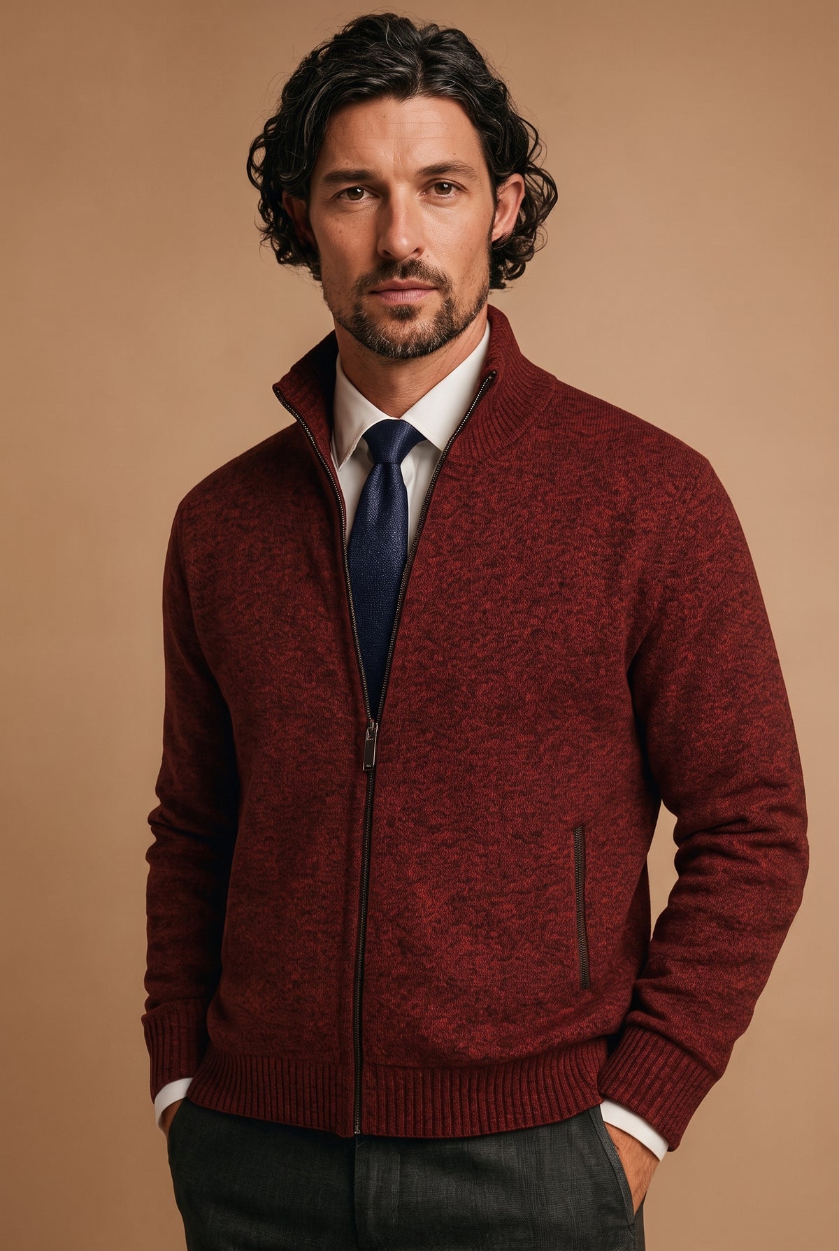 Zip-Front Knit Cardigan in Red — studio front