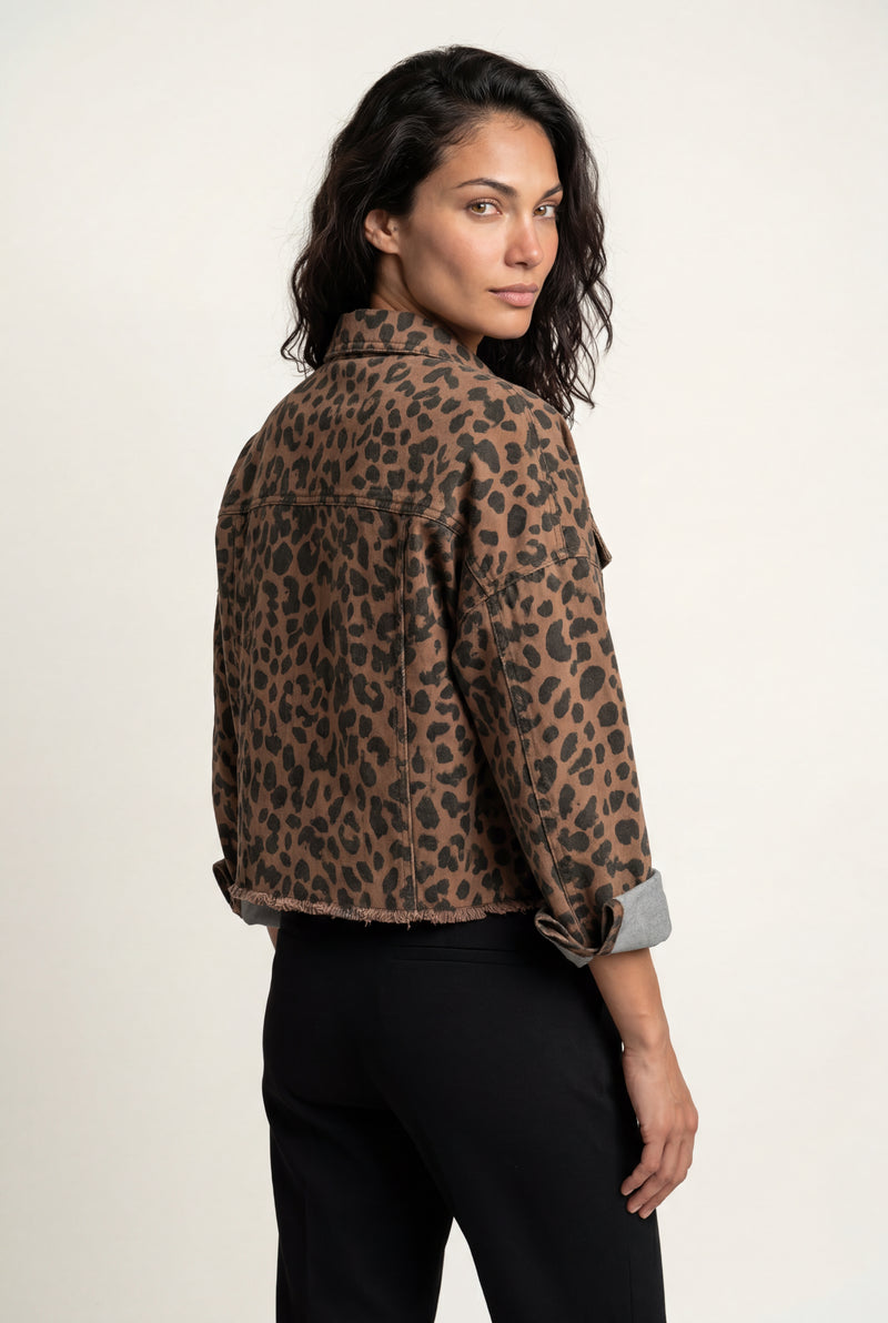 Brown Brown Leopard Print Cropped Jacket with Boxy Fit - Denim jackets - Photo 2
