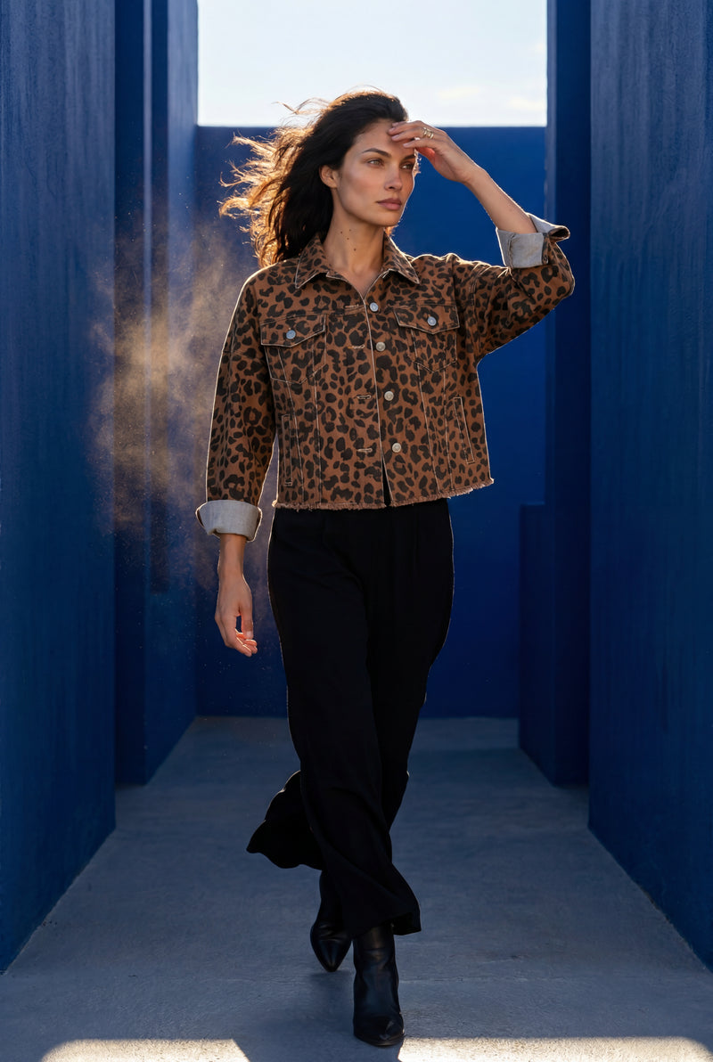 Brown Brown Leopard Print Cropped Jacket with Boxy Fit - Denim jackets - Photo 4