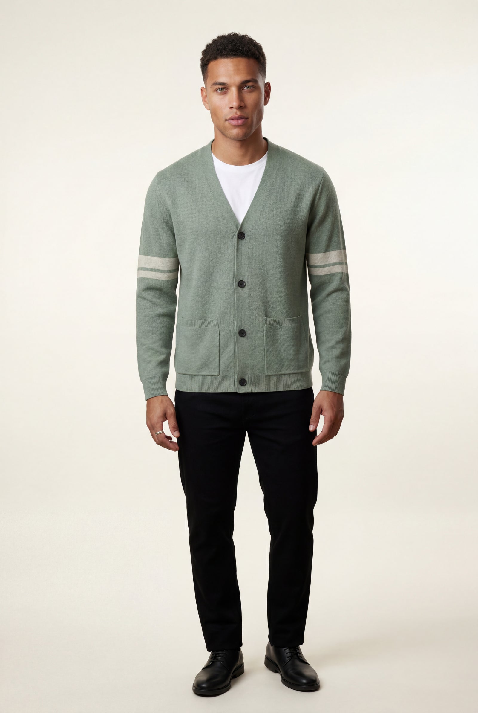 Sage Green Contrast Stripe Sleeve Button-front Cardigan Sweater - Men's cardigan - Photo 1