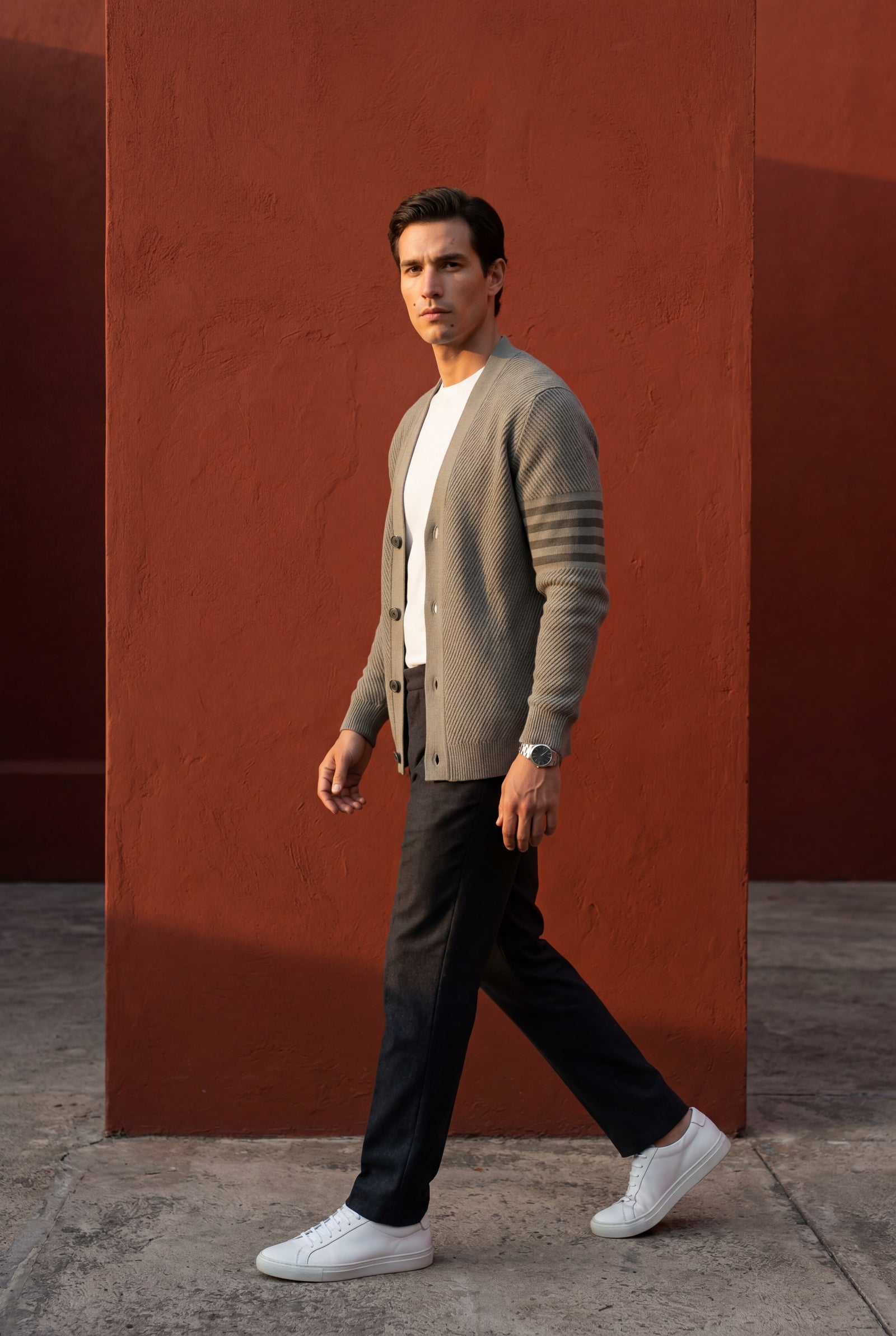 Olive Grey Contrast Stripe Sleeve Button-front Cardigan Sweater - Men's cardigan - Photo 11