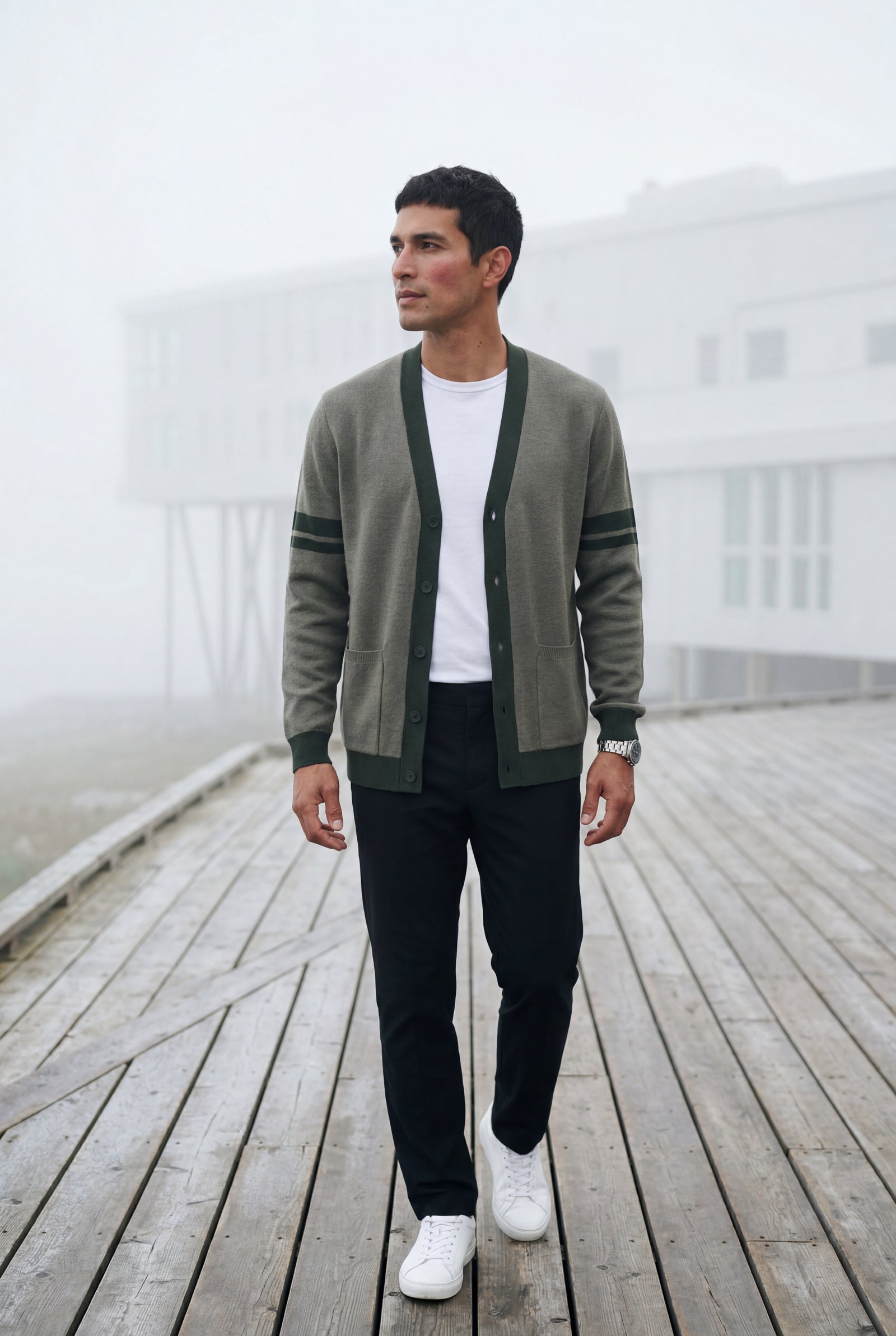 Taupe Contrast Stripe Sleeve Button-front Cardigan Sweater - Men's cardigan - Photo 15