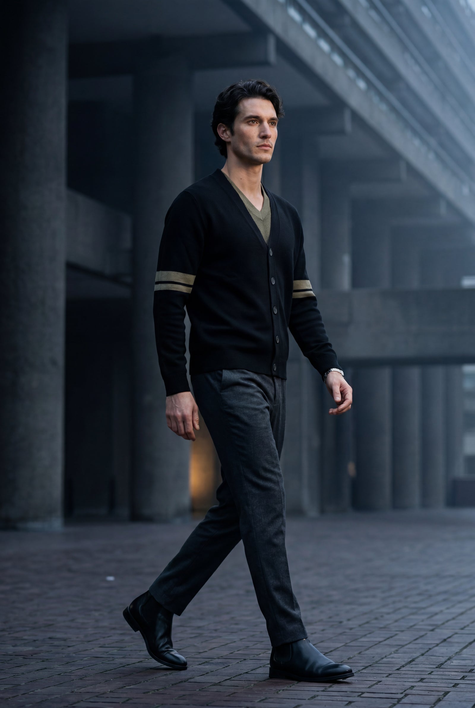 Black Contrast Stripe Sleeve Button-front Cardigan Sweater - Men's cardigan - Photo 4