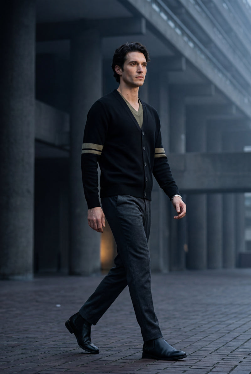 Black Contrast Stripe Sleeve Button-front Cardigan Sweater - Men's cardigan - Photo 4