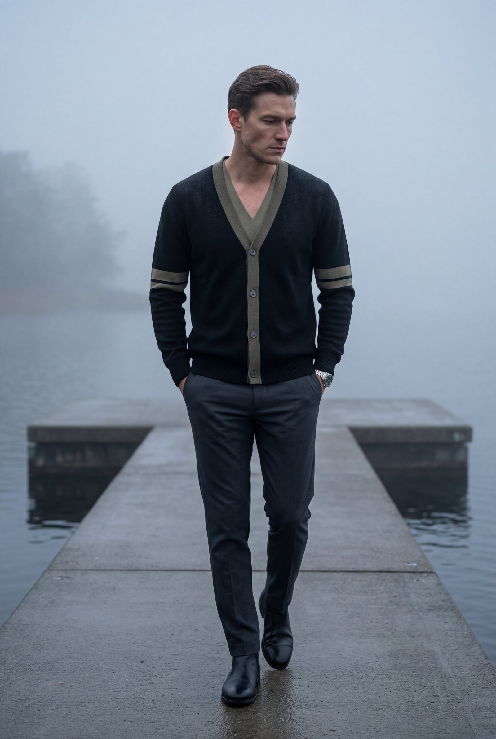 Black Contrast Stripe Sleeve Button-front Cardigan Sweater - Men's cardigan - Photo 6