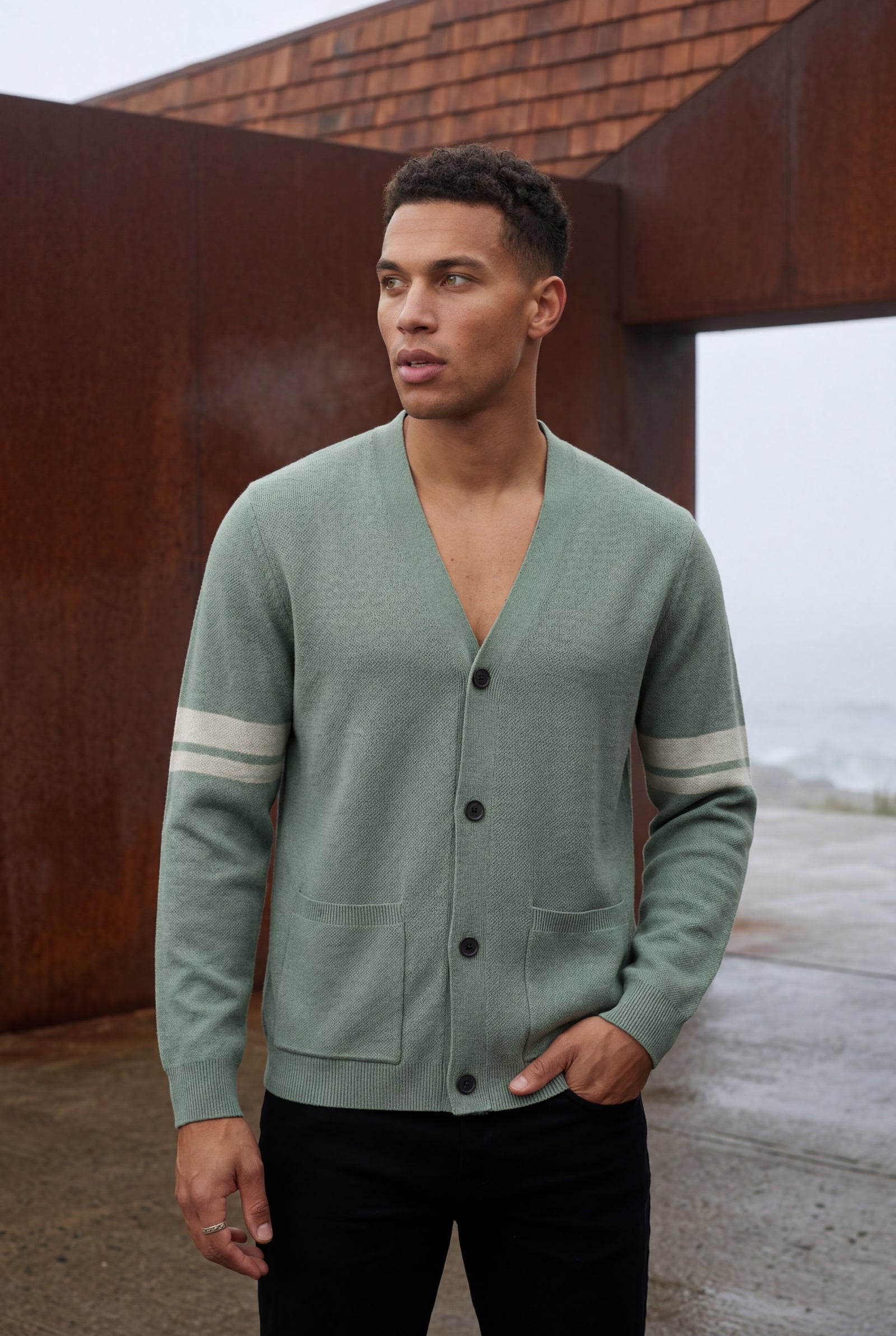 Sage Green Contrast Stripe Sleeve Button-front Cardigan Sweater - Men's cardigan - Photo 8