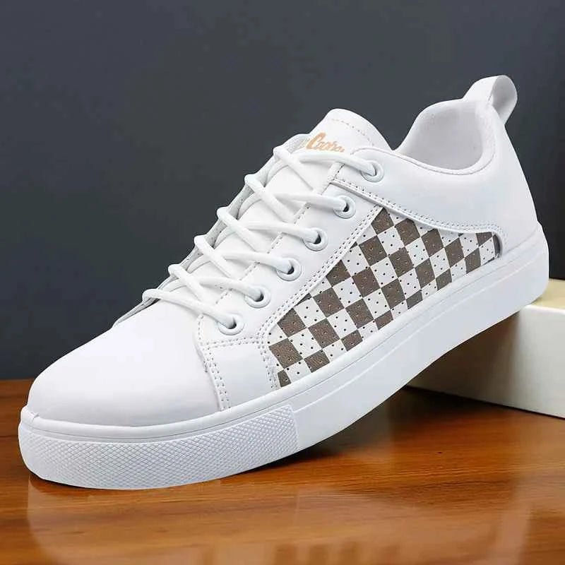 Sand Beige Checkered Panel Low-top Lace-up Sneakers - Photo 3