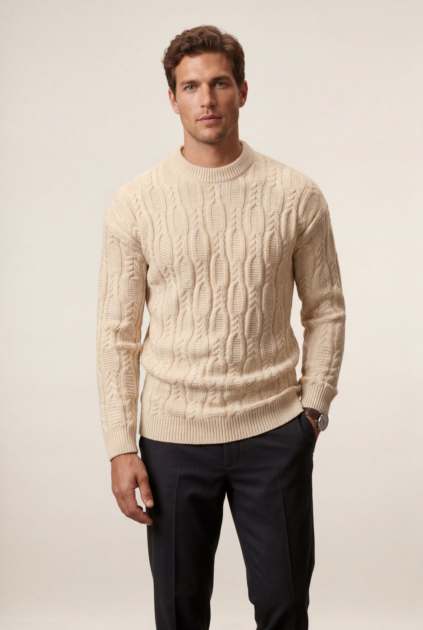 Sand Beige Chunky Cable Crewneck Sweater with Ribbed Hem - Photo 15