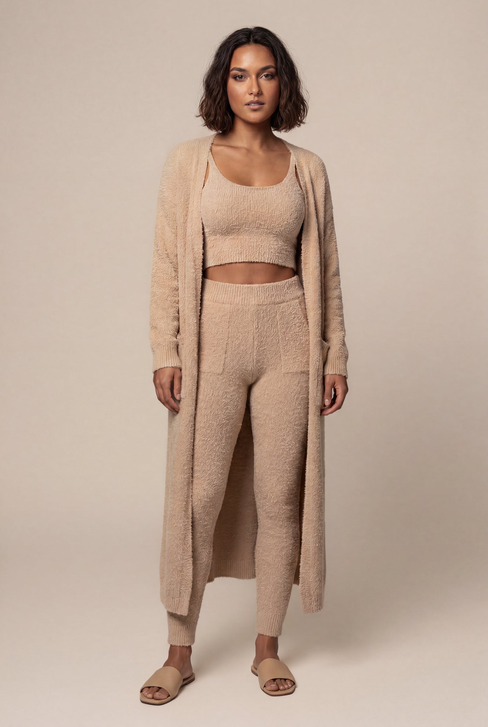 Sand Beige Longline Cardigan 3-piece Ribbed Loungewear Set - Photo 14
