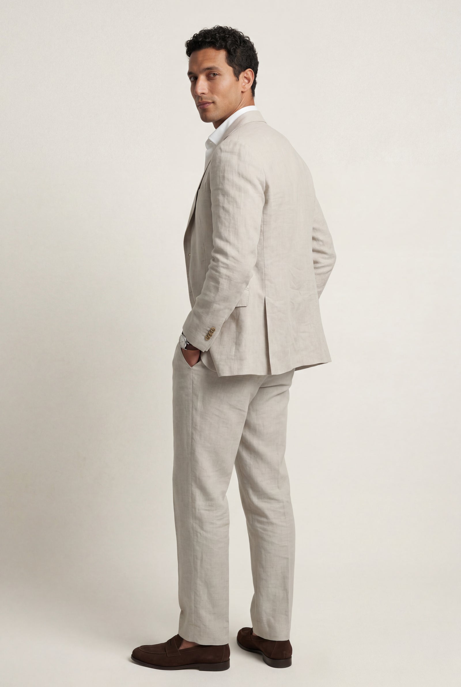 Sand Beige Notch Lapel Tailored Two Piece Suit with Slim Cropped Trousers - Photo 10