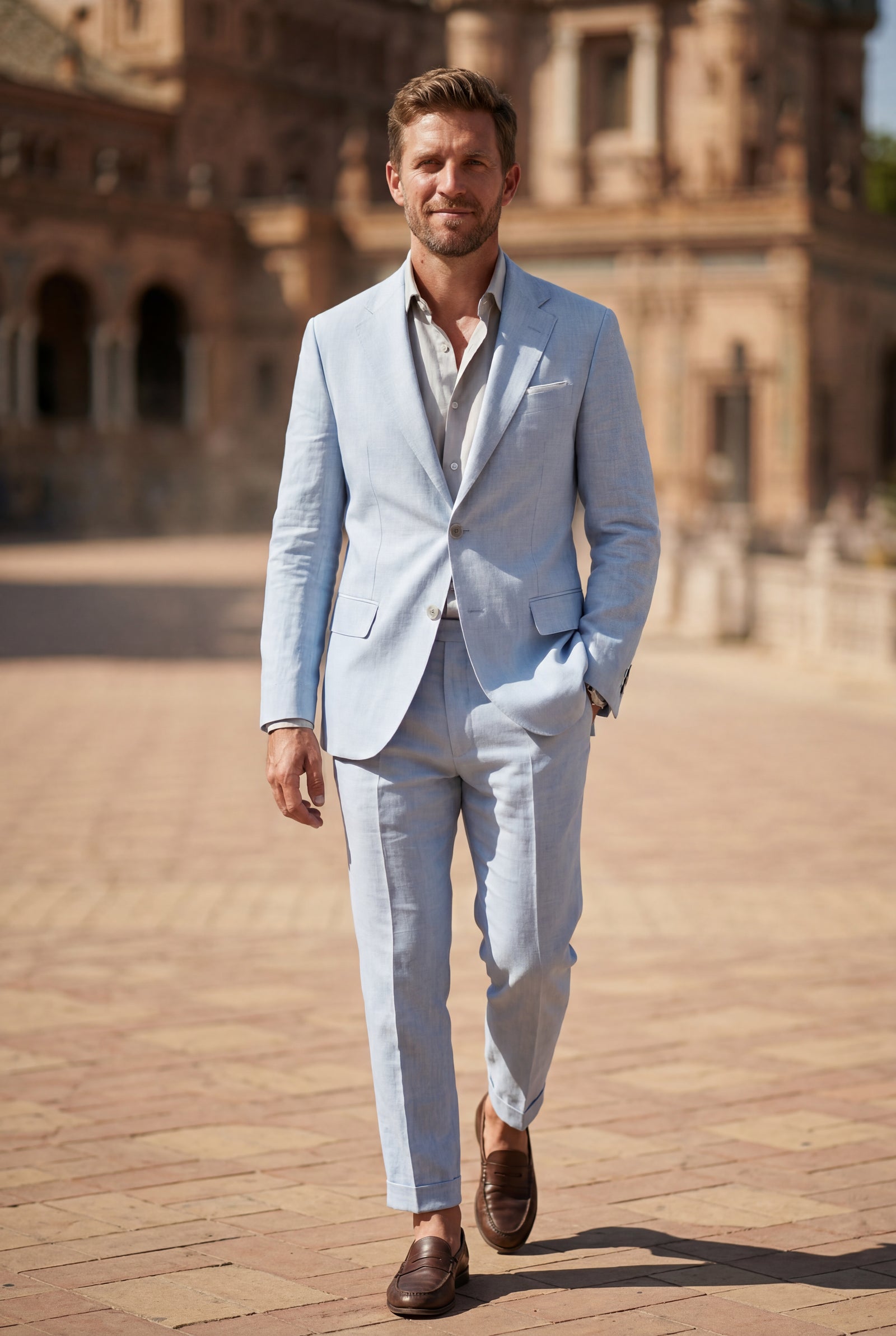 Light Blue Notch Lapel Tailored Two Piece Suit with Slim Cropped Trousers - Photo 6