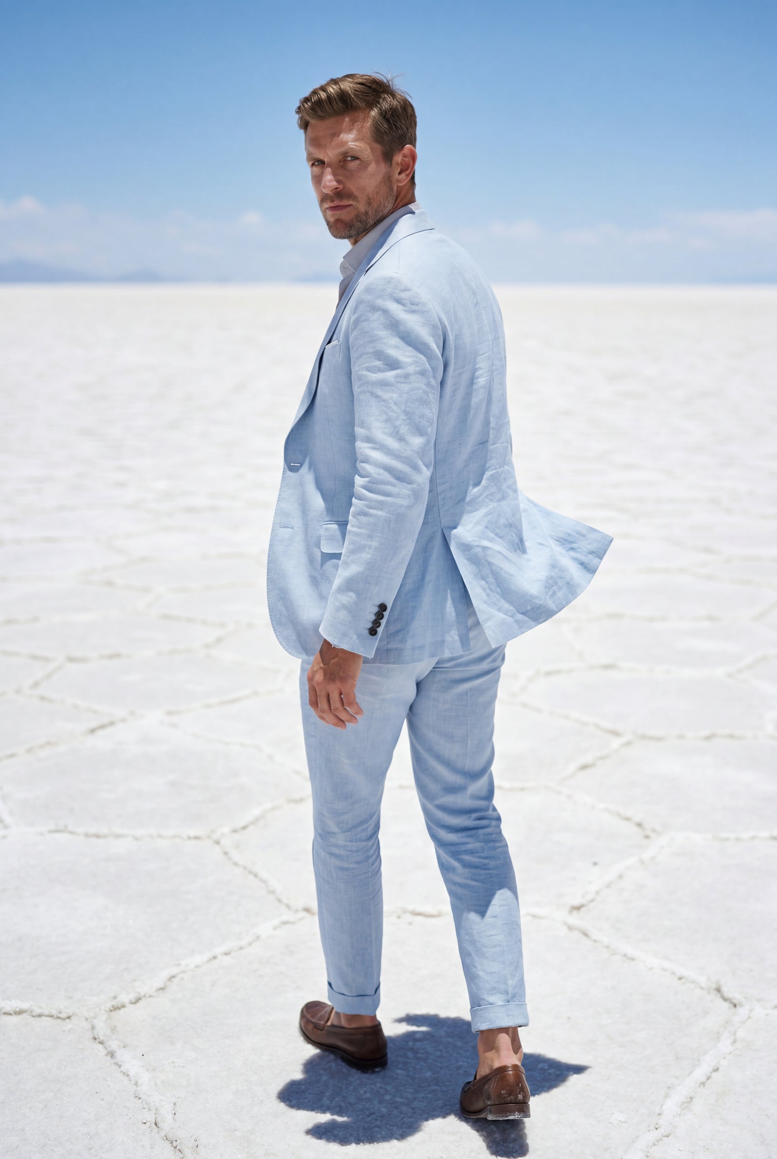 Light Blue Notch Lapel Tailored Two Piece Suit with Slim Cropped Trousers - Photo 8