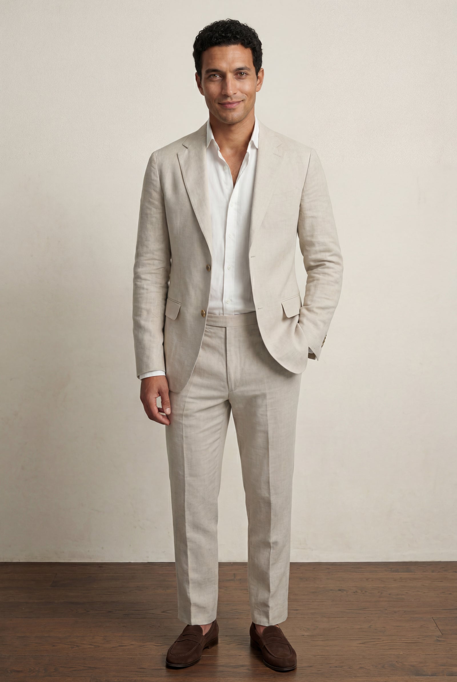 Sand Beige Notch Lapel Tailored Two Piece Suit with Slim Cropped Trousers - Photo 9