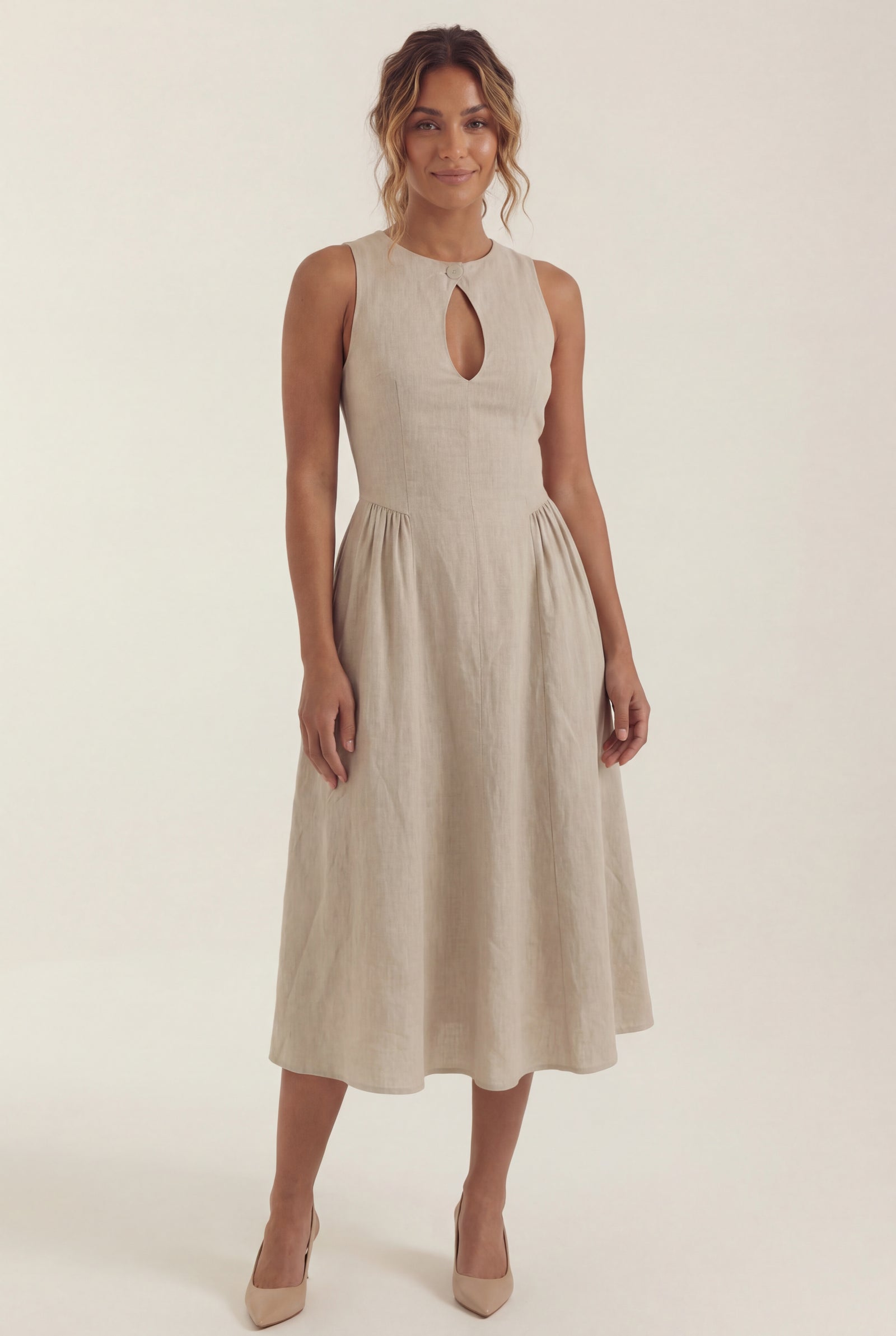 Sand Beige Sleeveless Keyhole A-line Midi Dress - A-Line Dress - Photo 9