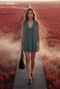 Green Sleeveless V-neck Cardigan Dress with Pocket - Sleeveless cardigan - Photo 11