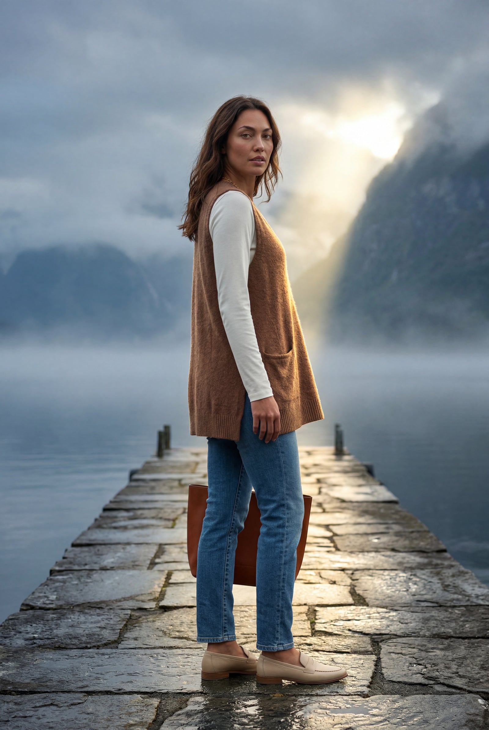 Brown Sleeveless V-neck Cardigan Dress with Pocket - Sleeveless cardigan - Photo 16