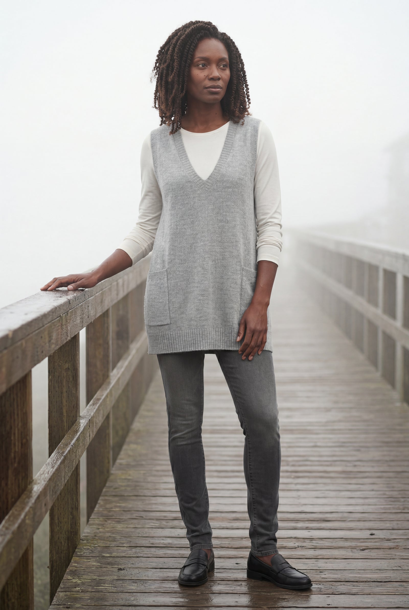 Gray Sleeveless V-neck Cardigan Dress with Pocket - Sleeveless cardigan - Photo 10