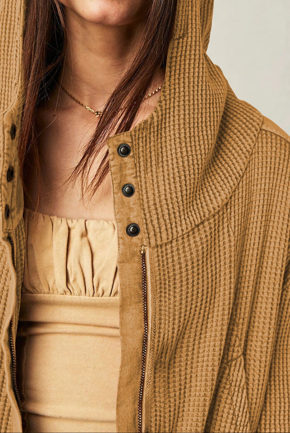 Cropped Waffle Zip-Up Hoodie in Sand — detail