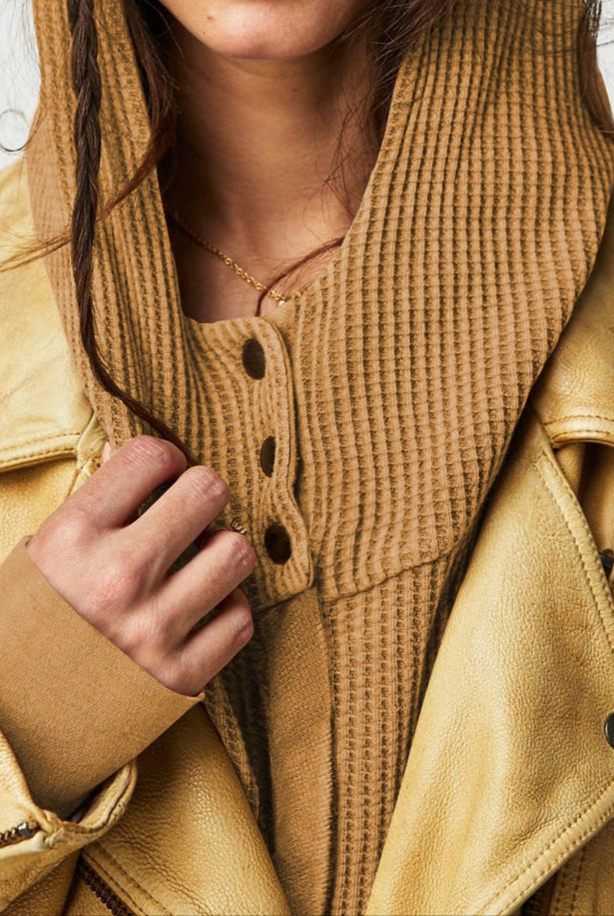 Cropped Waffle Zip-Up Hoodie in Sand — detail