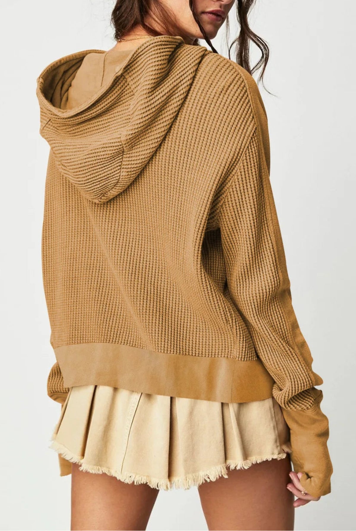 Cropped Waffle Zip-Up Hoodie in Sand — back