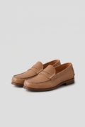 Faux Leather Penny Loafers in Sand — studio front