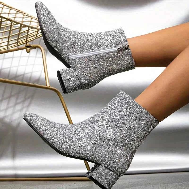 Glitter Block Heel Ankle Boots with Side Zip - Photo 2