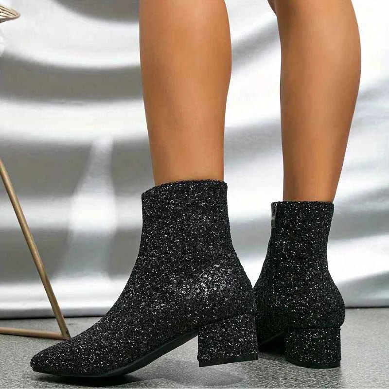 Glitter Block Heel Ankle Boots with Side Zip - Photo 8