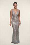 Silver Halter Neck Cowl Maxi Dress with Open Back - Photo 6