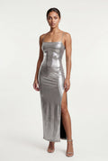 Silver High-slit Metallic Bodycon Maxi Dress - Photo 1
