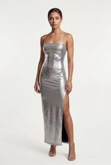 Silver High-slit Metallic Bodycon Maxi Dress - Photo 1
