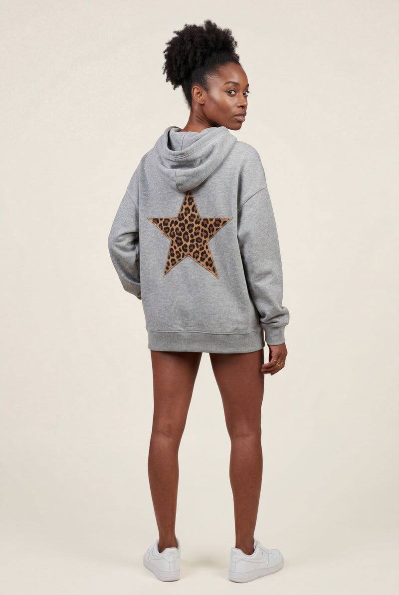 Silver Leopard Print Star Back Oversized Hoodie - Photo 1