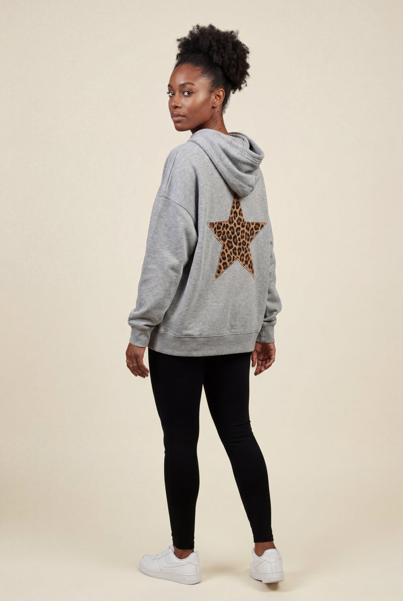 Silver Leopard Print Star Back Oversized Hoodie - Photo 3