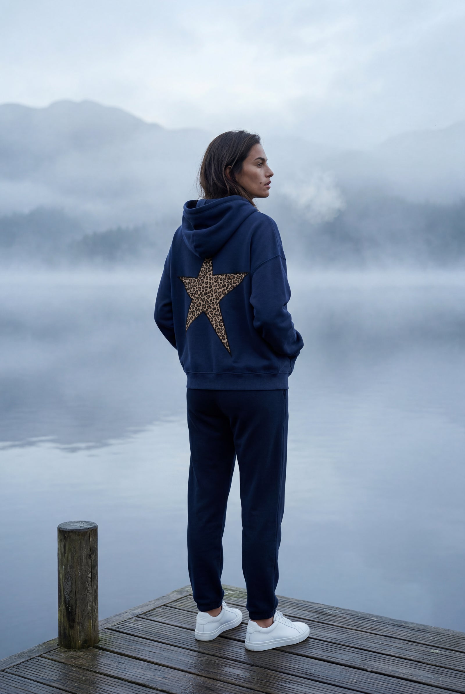 Navy Blue Leopard Print Star Back Oversized Hoodie - Photo 7