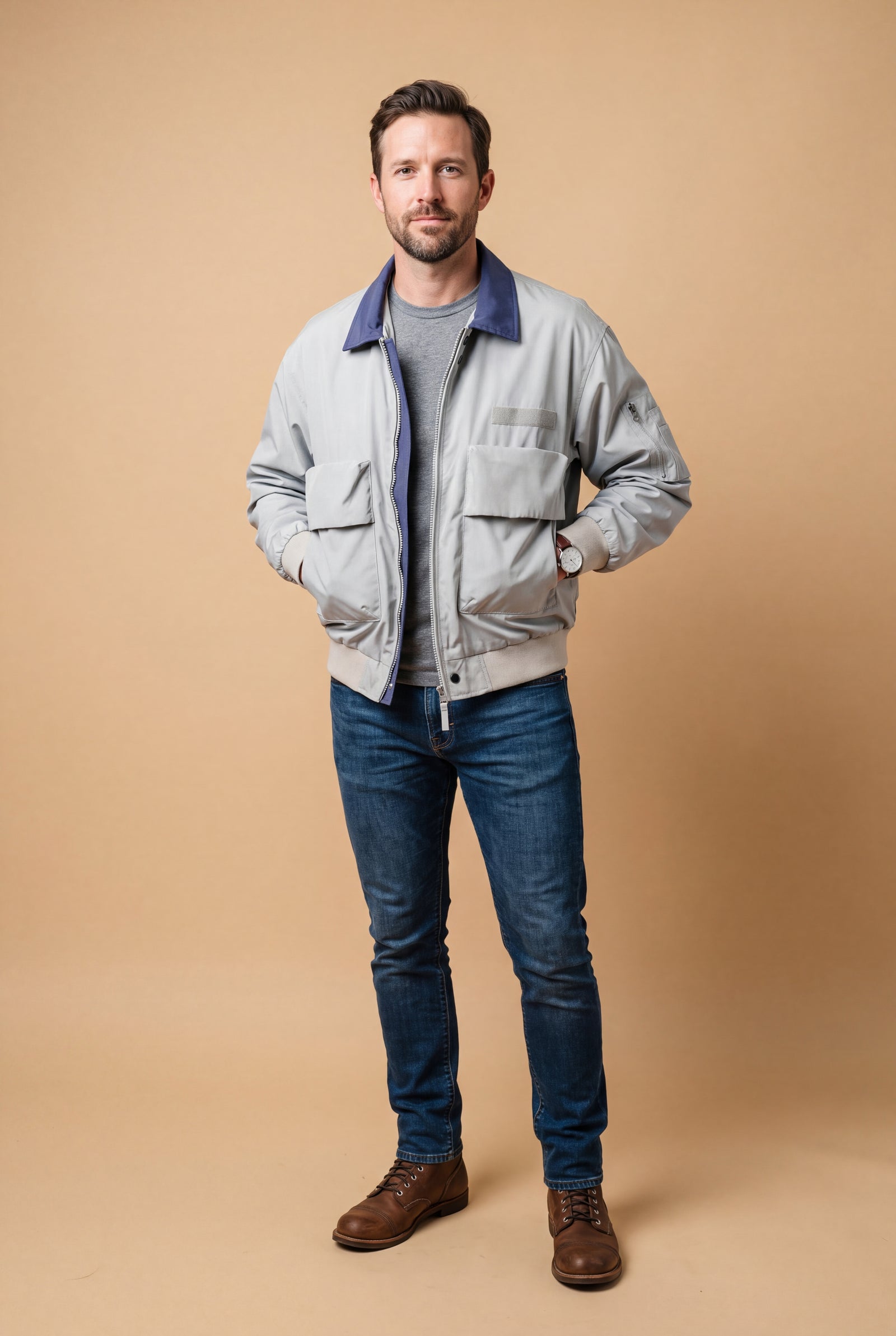 Men's Trucker Jacket Windproof Waterproof in Silver — primary studio