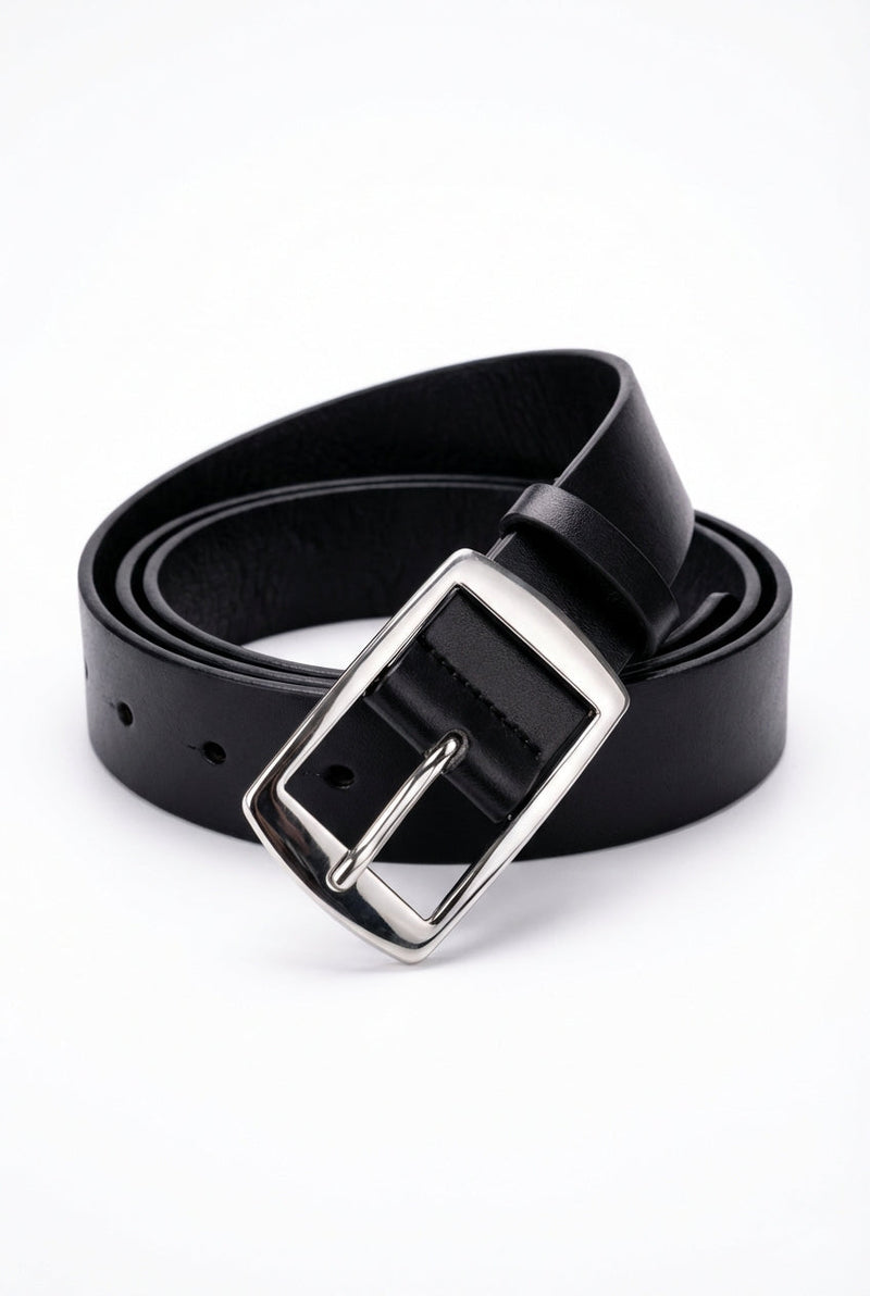 Silver Rectangular Buckle Classic Dress Belt with Smooth Finish - Dress belts - Photo 1