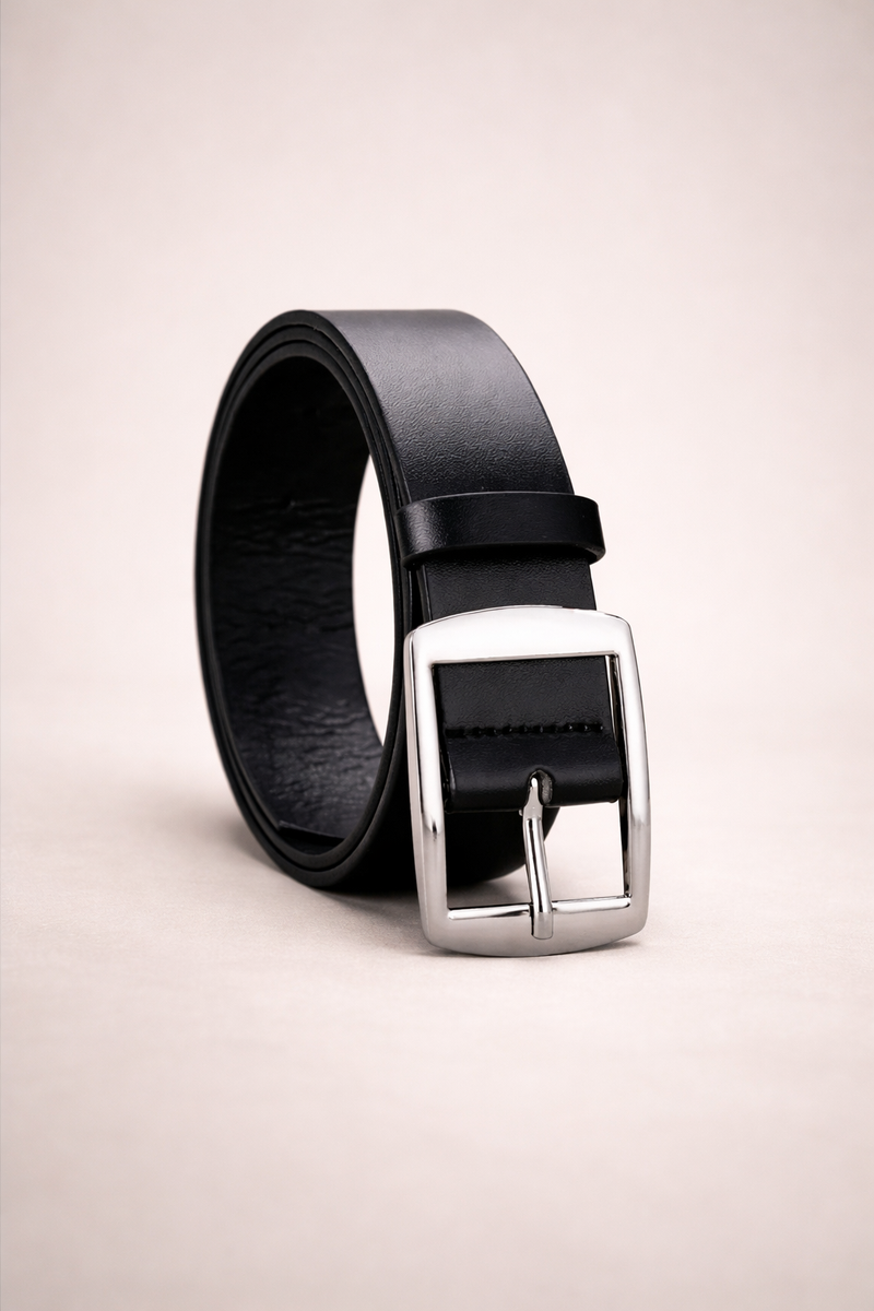 Black Rectangular Buckle Classic Dress Belt with Smooth Finish - Dress belts - Photo 2