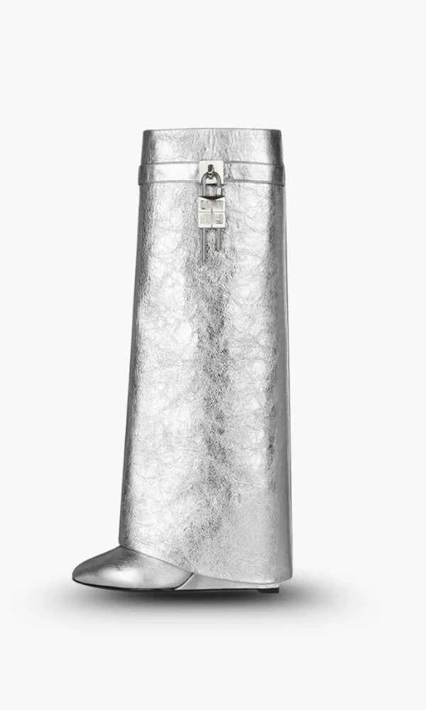 Silver Sculptural High Shaft Wedge Boots with Padlock Detail - High Shaft Boots - Photo 3