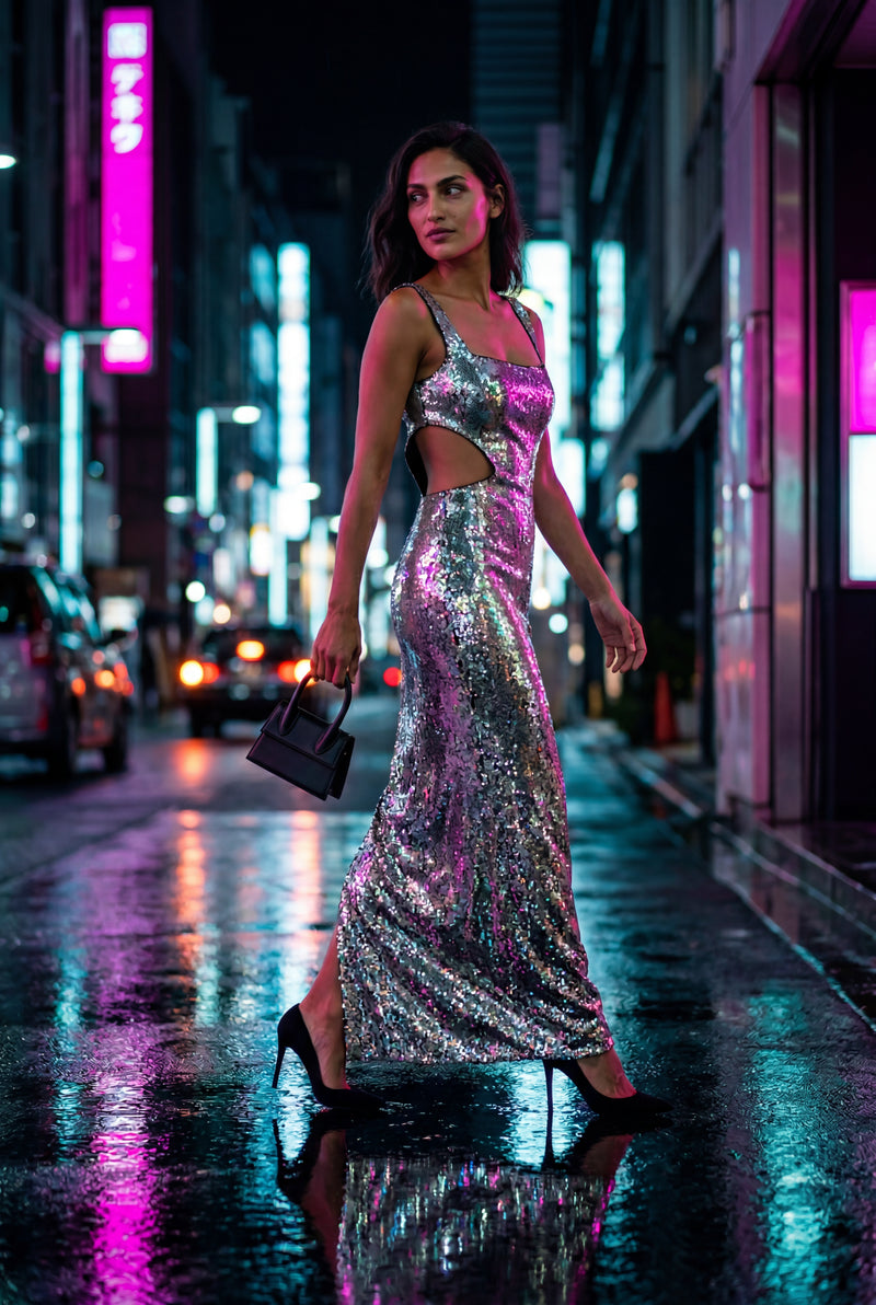 Silver Silver Cut-out Maxi Evening Dress - Sequin maxi dress - Photo 4