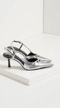 Silver Slingback Pointed Toe Heels with Decorative Buckle Strap - Slingback heels - Photo 5