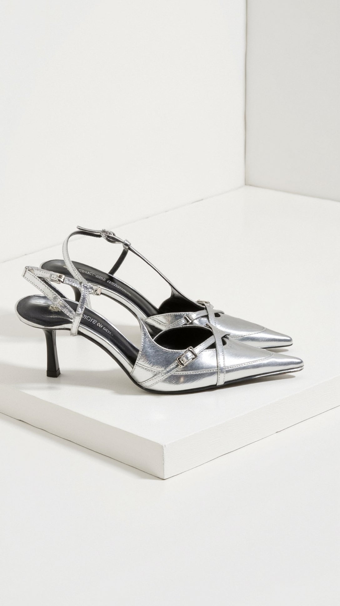 Silver Slingback Pointed Toe Heels with Decorative Buckle Strap - Slingback heels - Photo 5