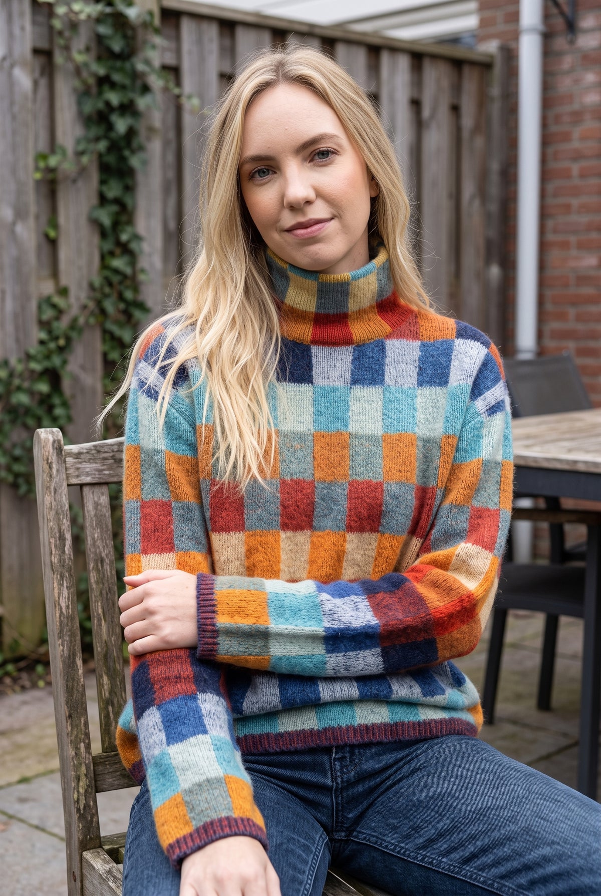 Checkered Merino Turtleneck Sweater in Solid — lifestyle