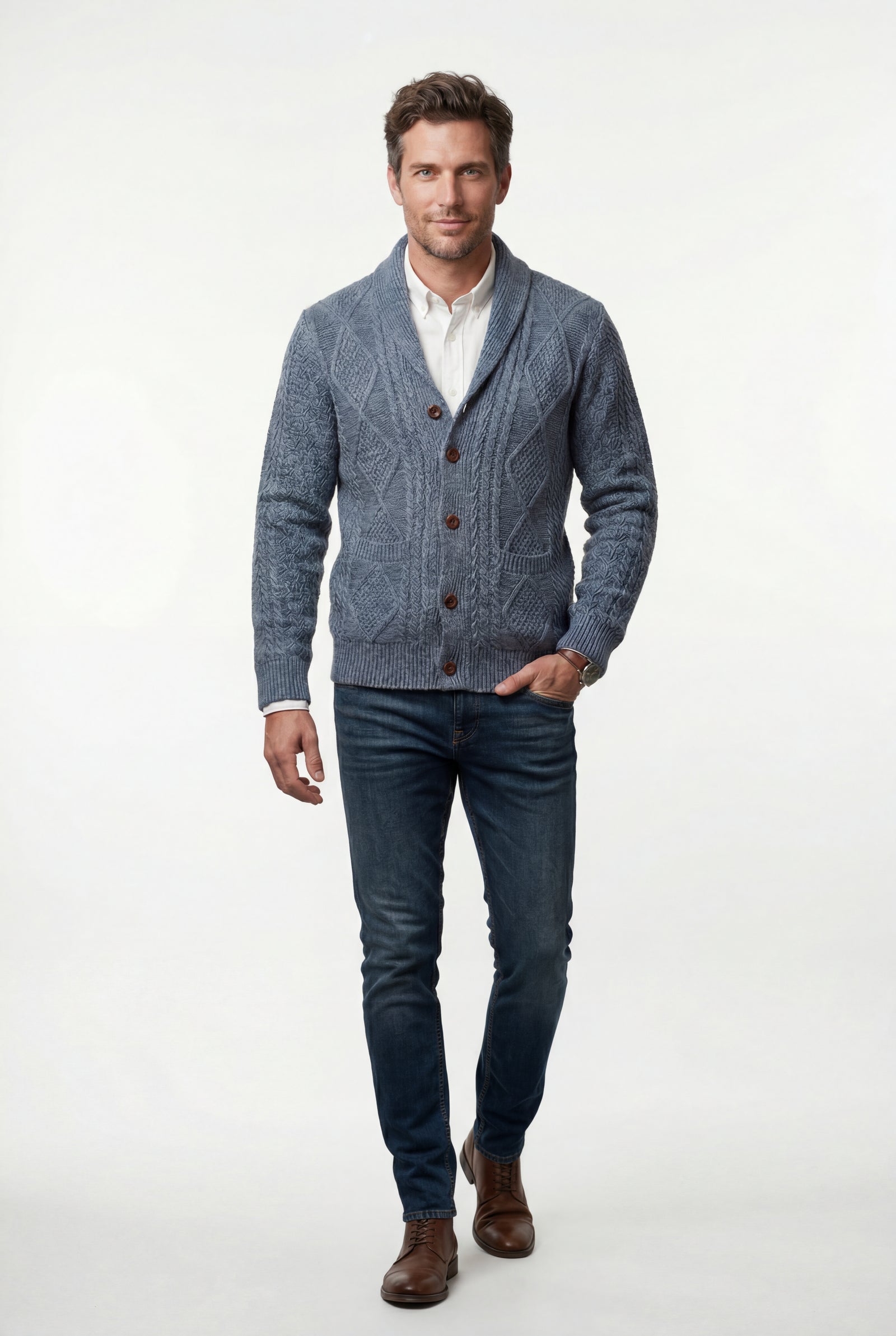 Steel Blue Shawl Collar Cable Button Cardigan - Knit cardigans - Photo 11