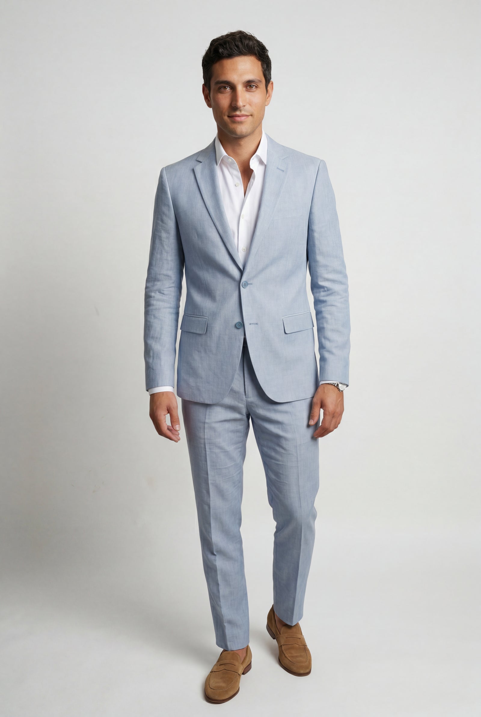 Steel Blue Slim Tailored Suit with Notch Lapel and Tapered Trousers - Linen suit - Photo 1