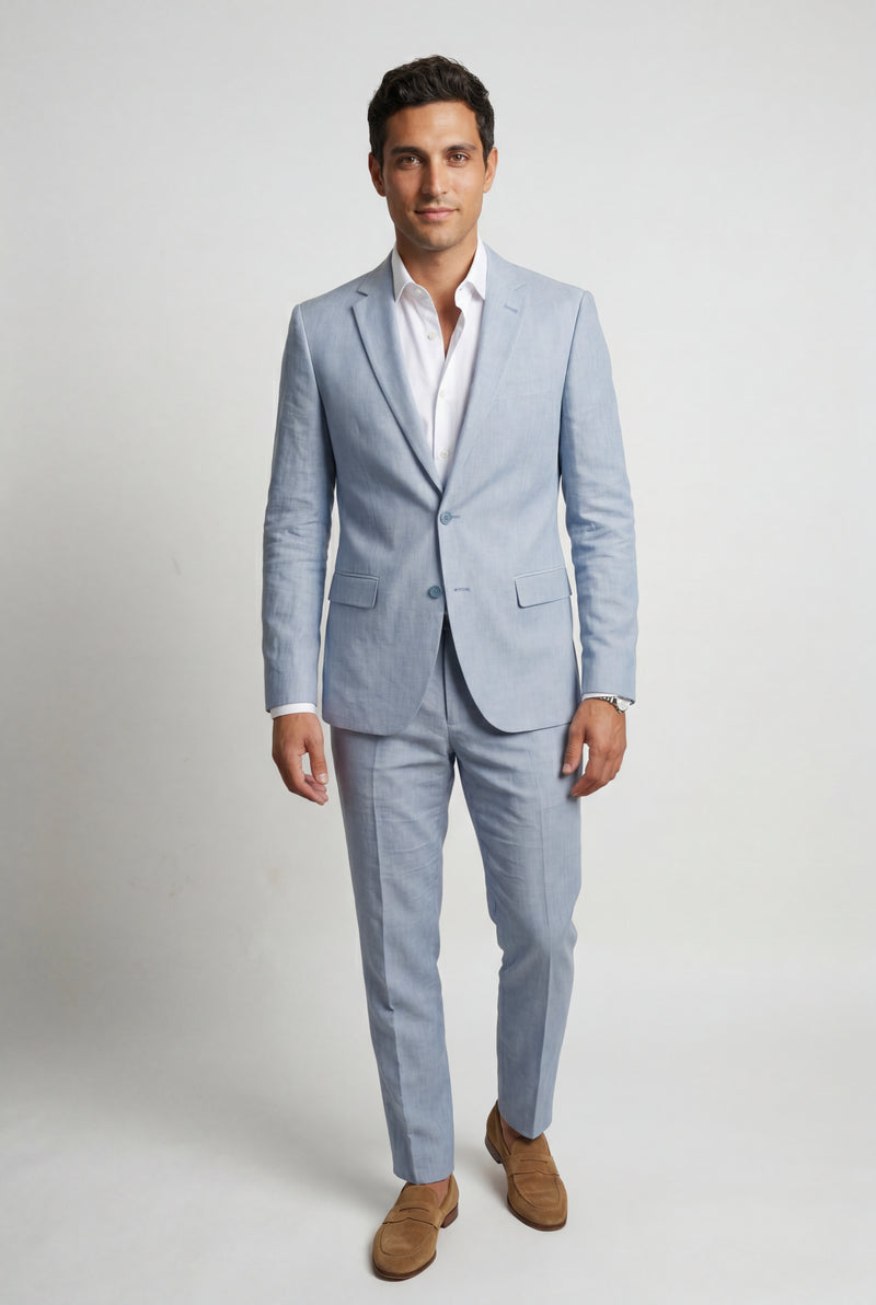 Steel Blue Slim Tailored Suit with Notch Lapel and Tapered Trousers - Linen suit - Photo 1